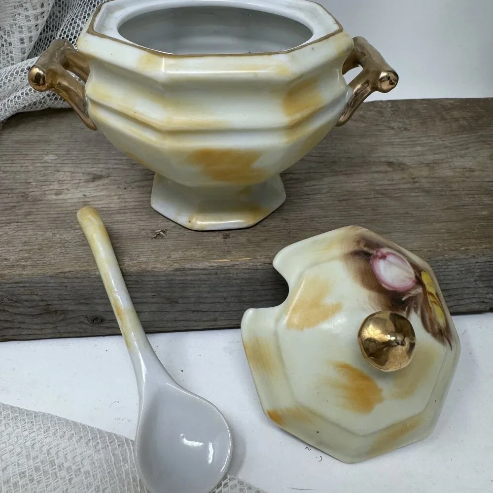 Vintage Enesco Sugar Condiment Bowl w/ Lid Spoon Fruit Gold Trim #E2364